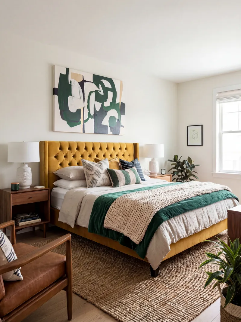 Virtually staged bedroom with contemporary furnishings