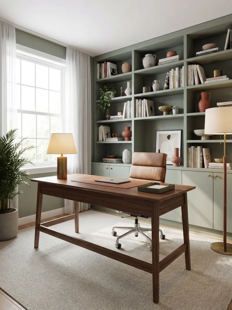 Virtually staged home office with workspace layout