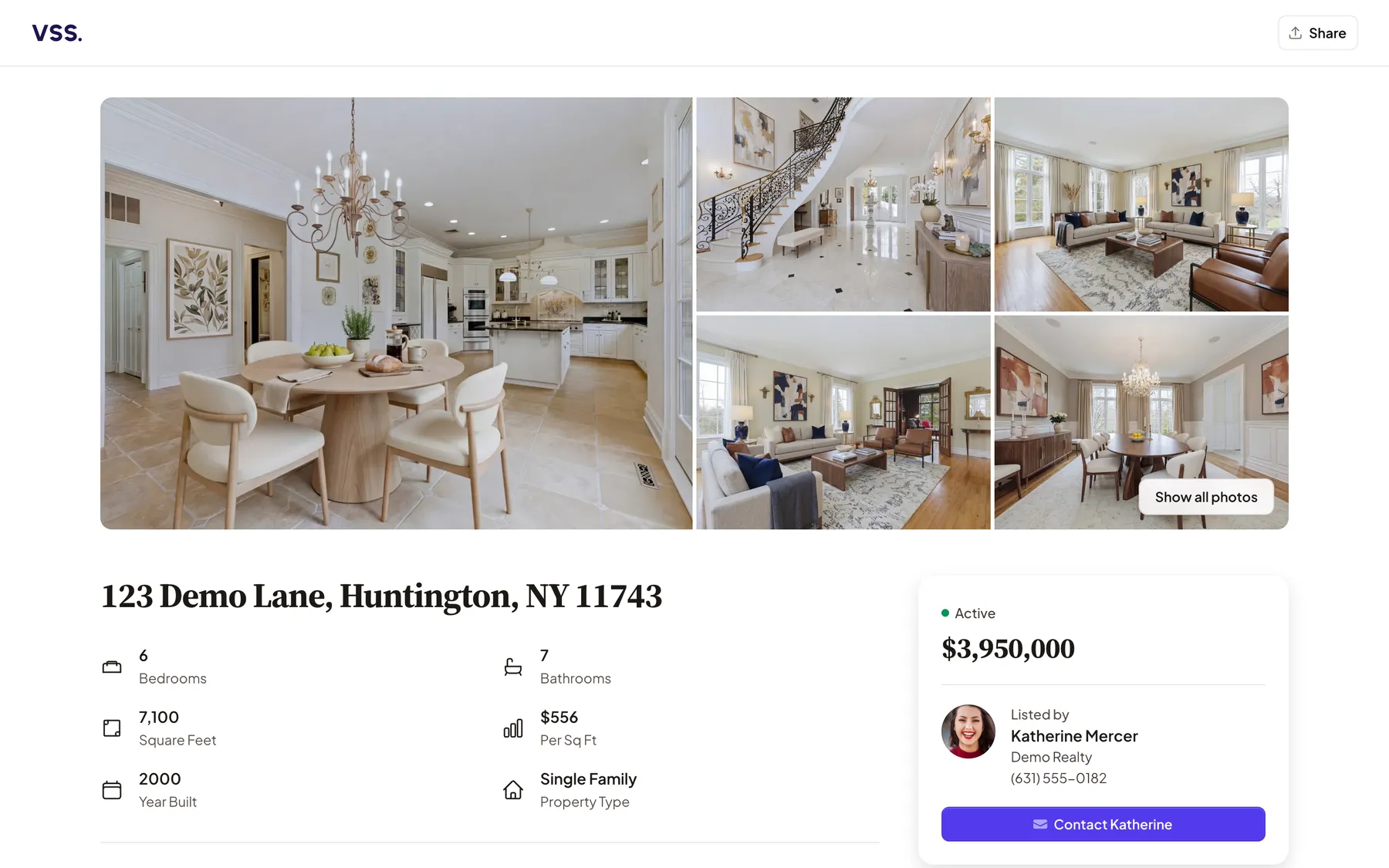 VSS Showcase Page — a dedicated property marketing page with staged photos, listing details, and agent contact
